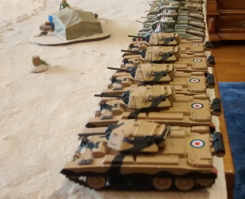 Die britische Panzertruppe der British 7th Armoured Division hat durchaus ein paar zähe Brocken drin. Die Crusader Mk. II sind zwar etwas dünnhäutiger, dafür zahlreich. Die britischen Tanks Grant und Matilda haben große Wummen oder sind dick gepanzert. Man darf also gespannt sein.